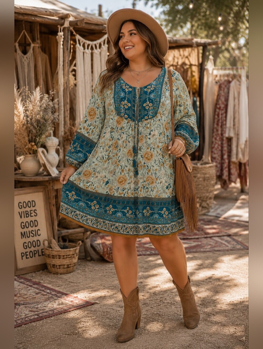 🌿✨ Boho Peasant Mini Dress | Cottagecore Floral Tunic Dress | Plus Size 2X ✨🌿